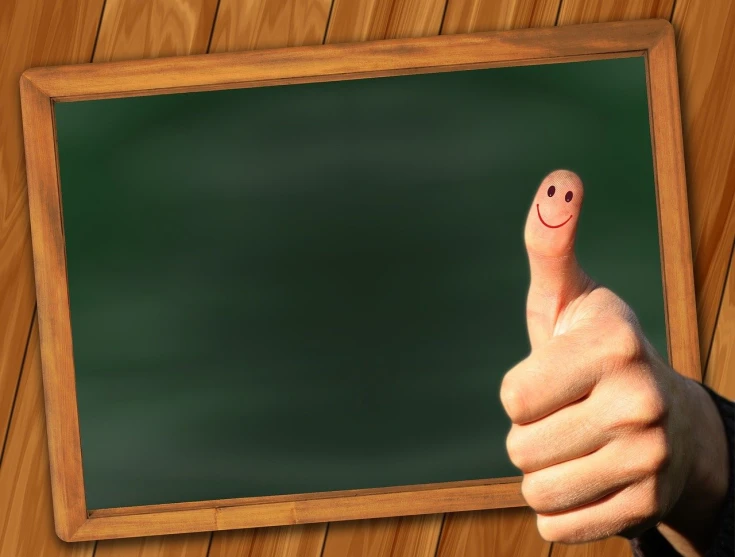 a person giving a thumbs up in front of a blackboard, a picture, by Stefan Gierowski, figuration libre, highly detailed photo of happy, no text, a wooden, a still of a happy