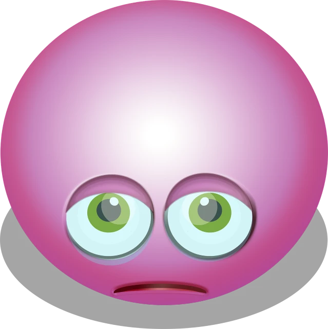 a pink smiley face with green eyes, a digital rendering, inspired by INO, disgusted. fear inspiring mood, spherical body, cute face. dark fantasy, bottom viewa