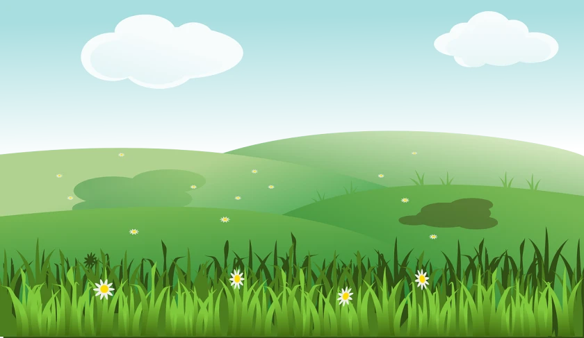 a field full of grass and flowers under a blue sky, trending on pixabay, naive art, clean cel shaded vector art, green hill zone, 4 k hd wallpaper illustration, bushveld background