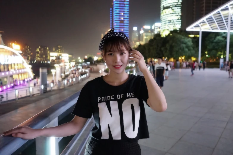 a woman wearing a t - shirt that says pride of me no, a picture, inspired by Shao Mi, tumblr, neoism, night photo, shenzhen, black and white clothes, no text!