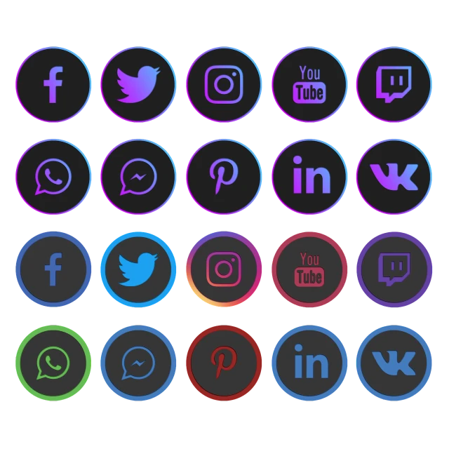 a bunch of different colored buttons on a black background, digital art, by Carlo Martini, shutterstock, outline glow lens flare, logo for a social network, rounded logo, trending on artstation.'