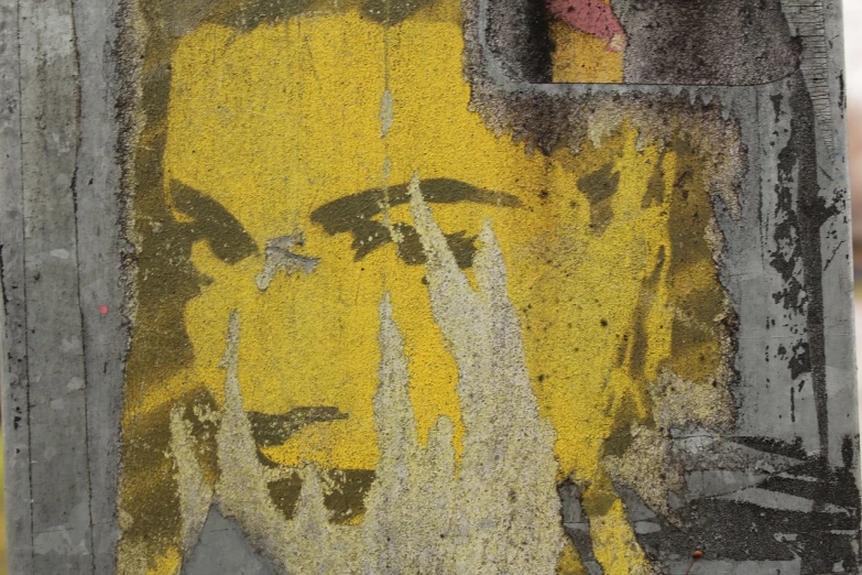 a painting of a man on the side of a building, a portrait, inspired by Antônio Parreiras, flickr, street art, faded red and yelow, frida castelli, detail on scene, marie curie