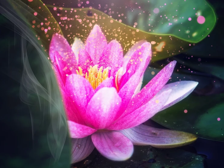 a pink water lily floating on top of a pond, digital art, by Marie Bashkirtseff, shutterstock, magical sparkling colored dust, fairy dust in the air, closeup photo, serene illustration