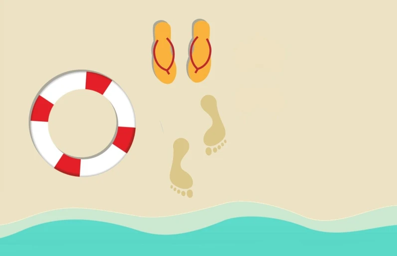 a pair of flip flops and a life preserver on a beach, inspired by Emiliano Ponzi, pixabay, naive art, stop frame animation, flat background, footprints, sand color