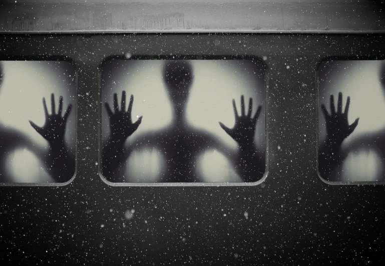 a black and white photo of hands coming out of a window, digital art, by Relja Penezic, pexels, conceptual art, scary creatures in background, passengers, irridescent ghostly, freezing