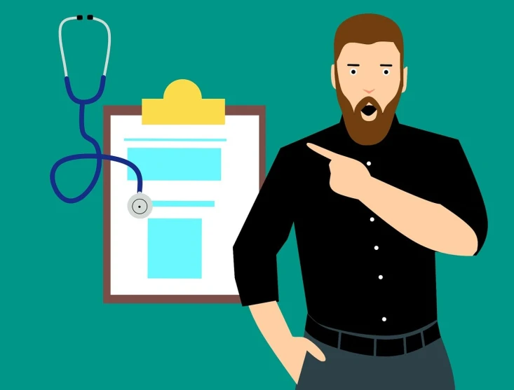 a man pointing at a clipboard with a stethoscope on it, an illustration of, by Matija Jama, trending on pixabay, figuration libre, looking threatening, material design, compressed jpeg, 30 year old man