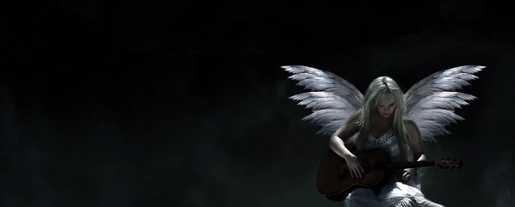 a woman with white wings playing a guitar, digital art, by Han Gan, banner, photobashing, mournful, backround dark