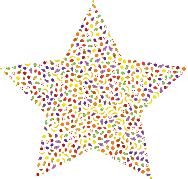 a multicolored star on a black background, a mosaic, inspired by Yayou Kusama, pointillism, candy decorations, clipart, nut, cornucopia