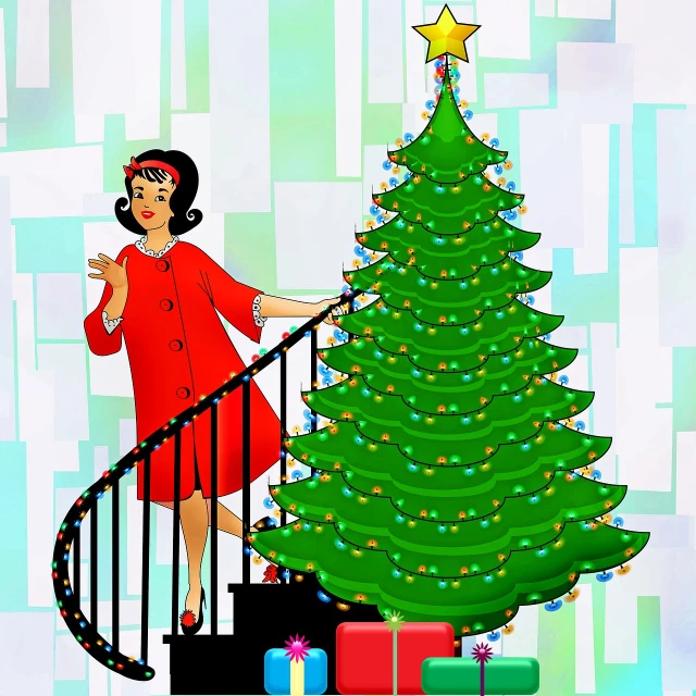 a woman in a red dress standing next to a christmas tree, an illustration of, stairway, retro 6 0 s fashion, cad, an illustration