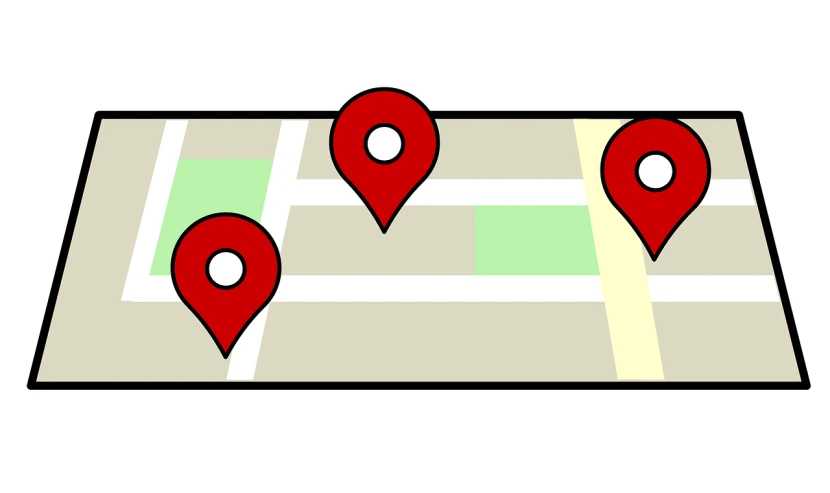 a map with a bunch of pins on it, an illustration of, pixabay, rectangle, three fourths view, detailed street, in a row