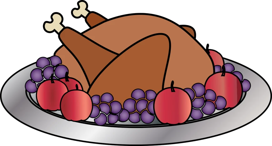 a turkey on a plate with grapes and apples, pixabay, digital art, black, purple, 3/4 side view, hot food