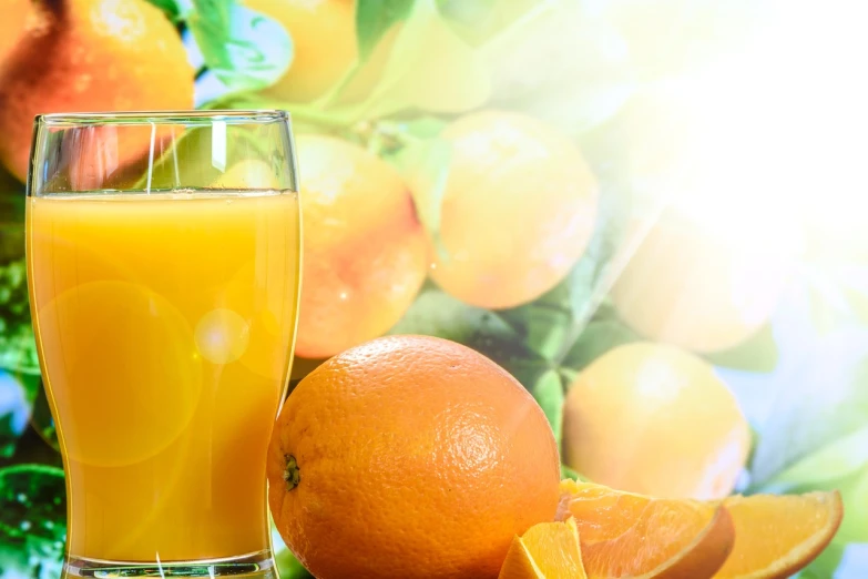 a glass of orange juice next to a bunch of oranges, a picture, shutterstock, realism, hyper detailed background, rays, village, marketing photo