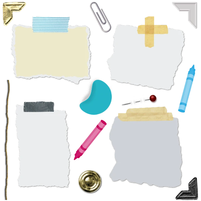 a bunch of pieces of paper sitting on top of each other, concept art, borders, surgical supplies, on a flat color black background, various items