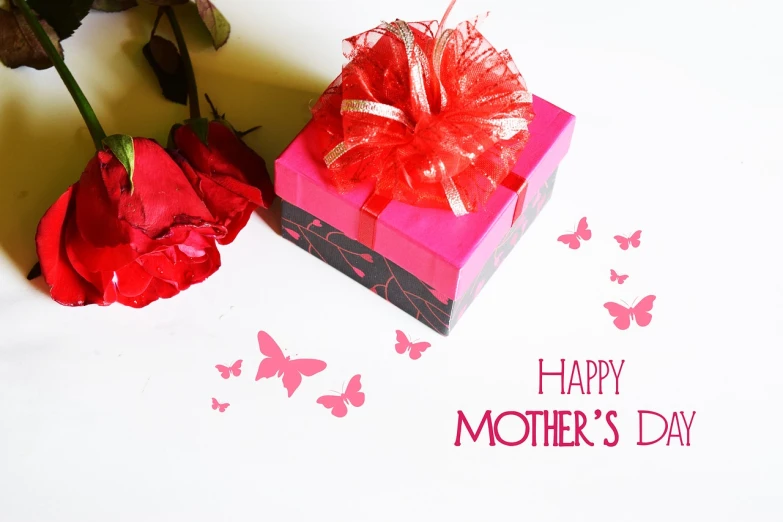 a pink gift box sitting next to a red rose, a digital rendering, dada, mother, flowers and butterflies, photo of a beautiful, the mother of a millions sounds