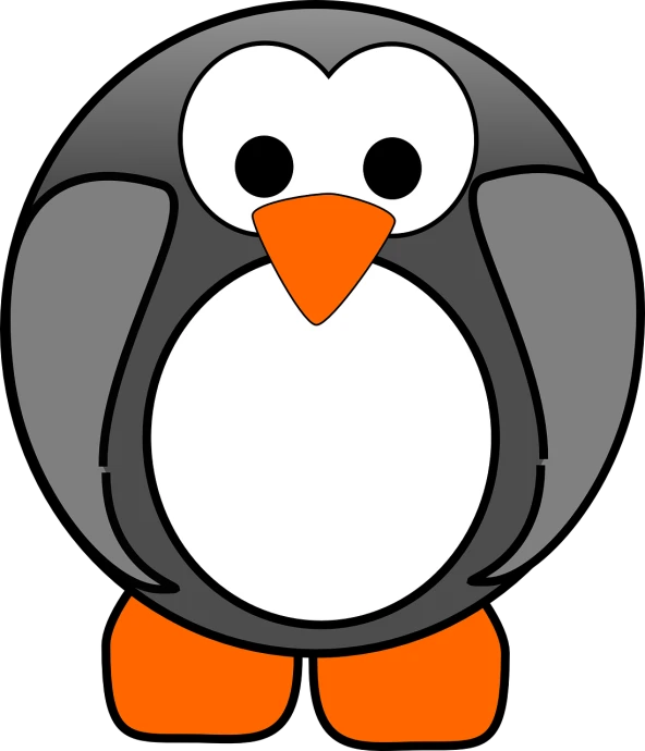 a black and white penguin with orange feet, a cartoon, pixabay, mingei, silver, round, with a black background, pupil