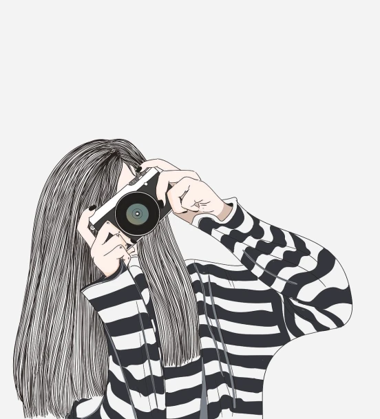 a woman taking a picture with a camera, a picture, inspired by Junji Ito, tumblr, digital art, sharp focus illustration, casual photography, high detail illustration, striped