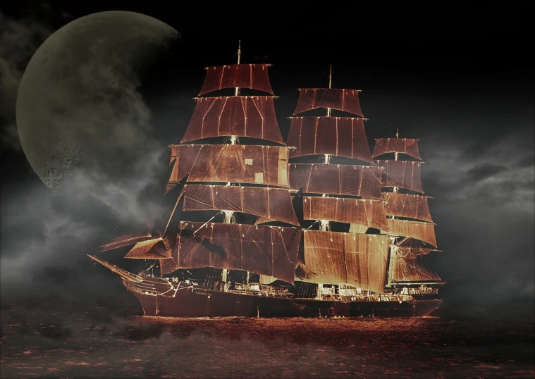 a large ship floating on top of a body of water, pixabay contest winner, romanticism, dark red bloody fog, pirate ship in space, a photograph of a rusty, mobile wallpaper