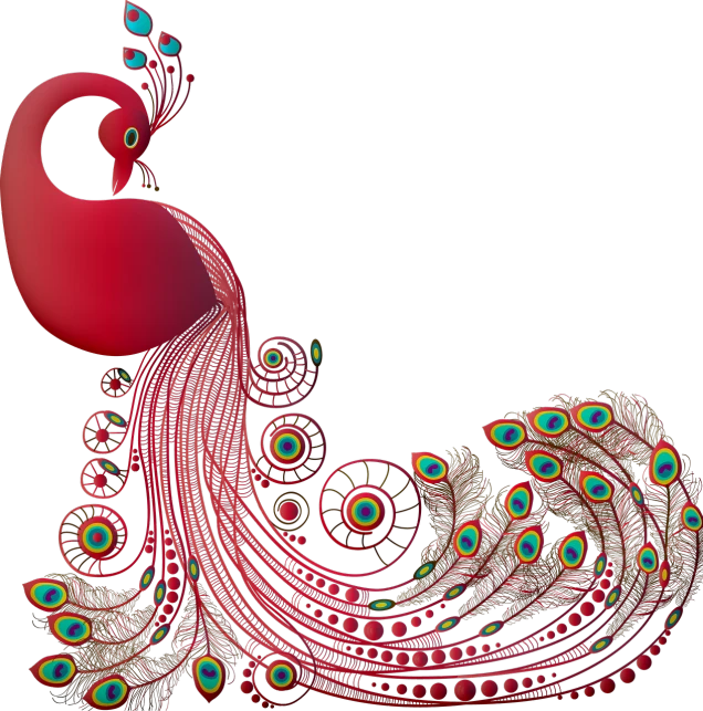 a red peacock sitting on top of a pile of peacock feathers, by Meredith Dillman, digital art, fractal paisley inlay, .eps, red bird, side view