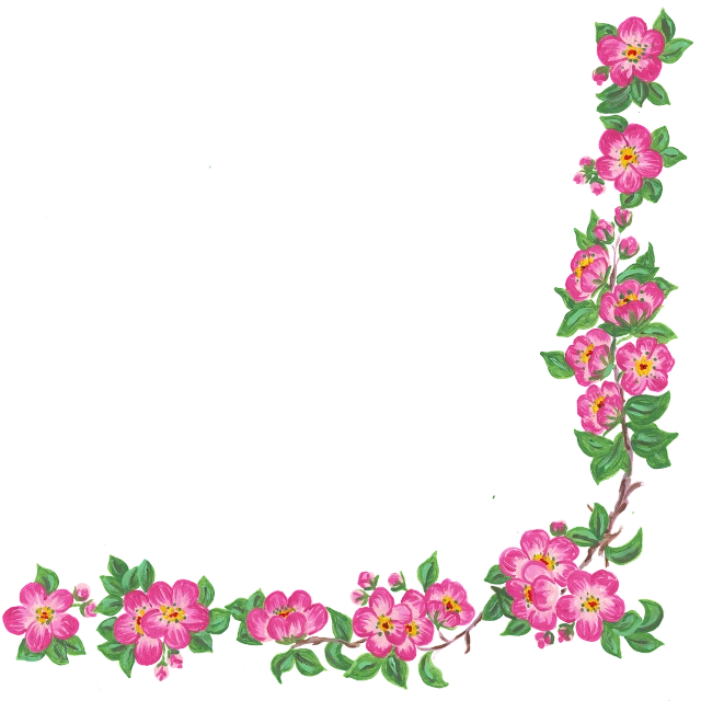 a border of pink flowers with green leaves, inspired by Masamitsu Ōta, flickr, corner, scanned 2400 dpi, clip-art, rose twining