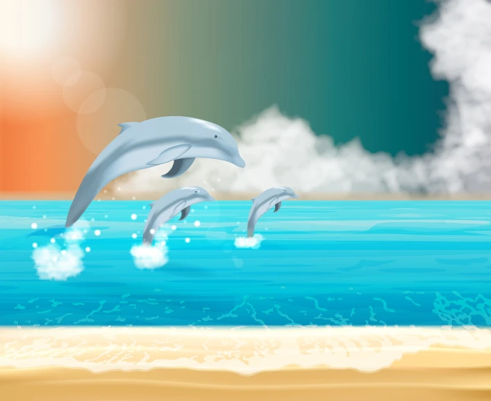 two dolphins are jumping out of the water, an illustration of, inspired by Koson Ohara, sunny day at beach, blurred and dreamy illustration, smooth illustration, sunbathing. illustration