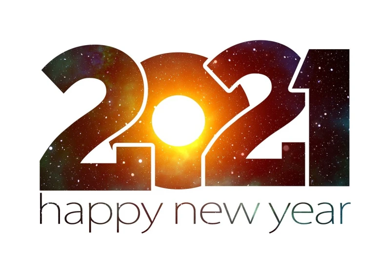 a happy new year card with the number 2021, a picture, by Whitney Sherman, shutterstock, cosmic sun in the background, logo without text, trailer, background is white