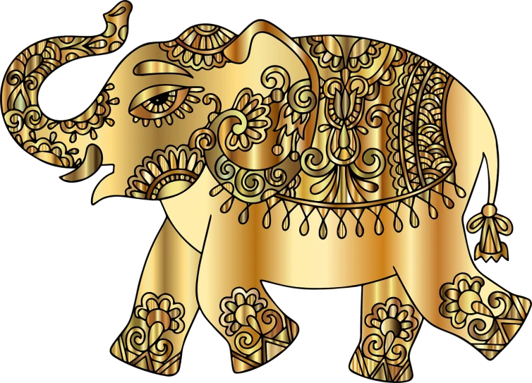 a golden elephant with intricate designs on it's back, trending on pixabay, sots art, no gradients, wearing an elegant tribal outfit, shimmer detailed, south east asian with long