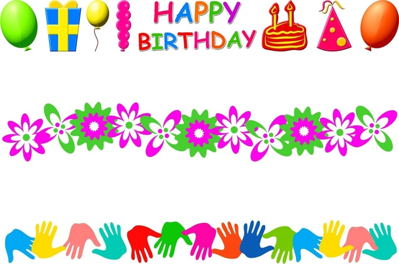 a birthday card with handprints and balloons, pixabay, flower frame, bracelets, set against a white background, clean cel shaded vector art