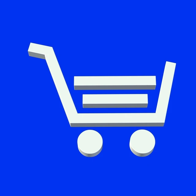 a white shopping cart on a blue background, by Ben Thompson, computer art, simple and clean illustration, pictogram, clean photo, designed in blender
