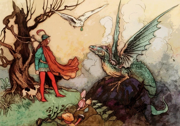 a painting of a woman standing next to a dragon, a storybook illustration, inspired by Warwick Goble, detail on scene, friendly guy and small creature, a dragon with a hat, moebius + loish