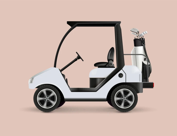 a white golf cart with a golf bag in the back, concept art, modern minimal design, on a pale background, realistic cars, cartoonish style