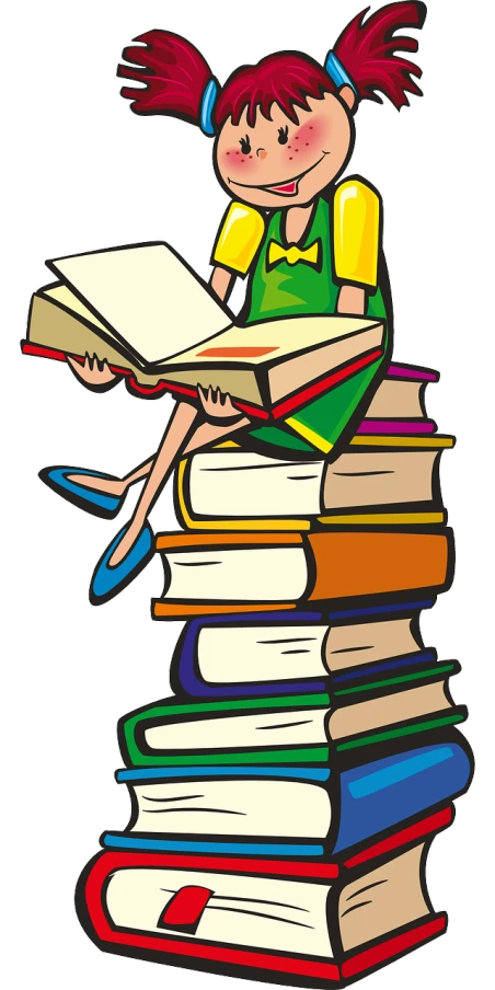 a girl sitting on top of a stack of books, a storybook illustration, pixabay, figuration libre, y2k!!!!!!, fullbody view, books cave, logo without text