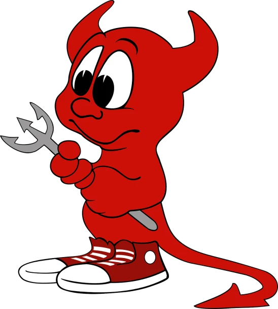 a cartoon devil with a wrench in his hand, a photo, pixabay, dominating red color, cute, mignola, vacuum
