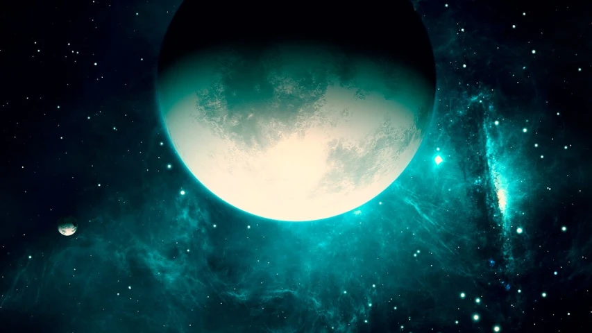 an image of a planet in outer space, digital art, space art, glowing hue of teal, big white moon background, cyan fog, mobile wallpaper