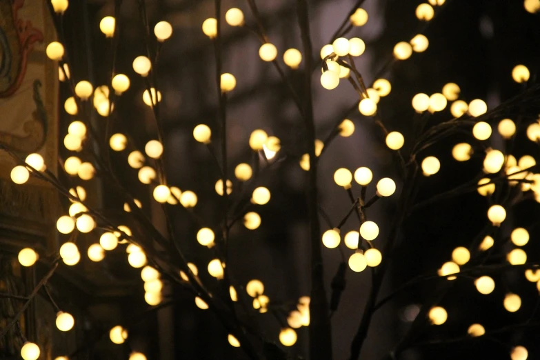 a clock sitting next to a bunch of lights, by Jaakko Mattila, many thick dark knotted branches, bokeh volumetric lighting, golden orbs, luminescent plants