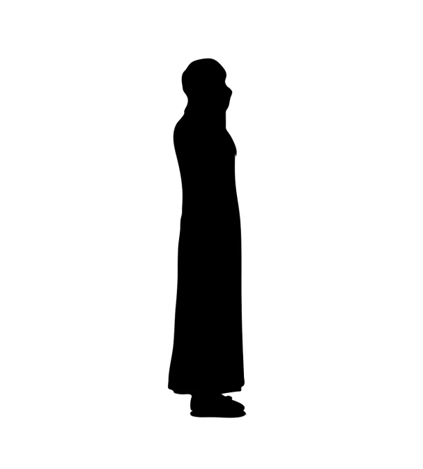 a silhouette of a person standing in front of a white background, inspired by Saneatsu Mushanokōji, hurufiyya, long coat, ukrainian monk, long dress female, 5 feet away