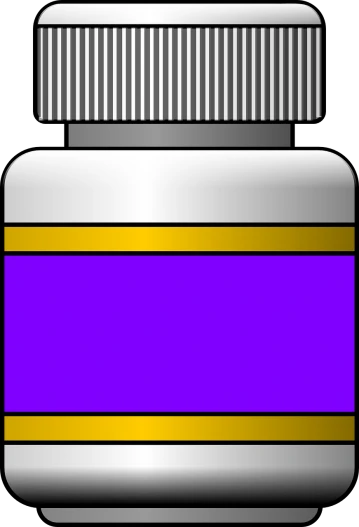 a bottle of pills on a black background, a picture, by Andrei Kolkoutine, de stijl, yellow and purple color scheme, clip-art, purple and blue, bottles
