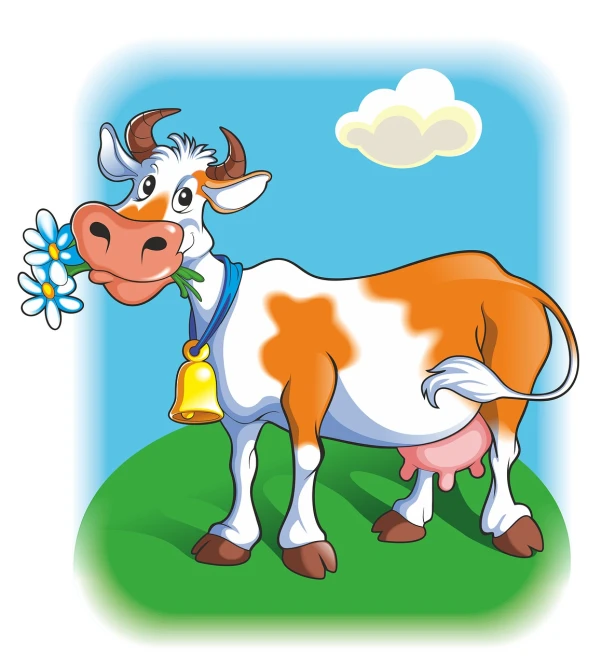 a cow with a bell and a flower in its mouth, shutterstock, naive art, hrushevka on background, mascot illustration, flash photo, full color illustration