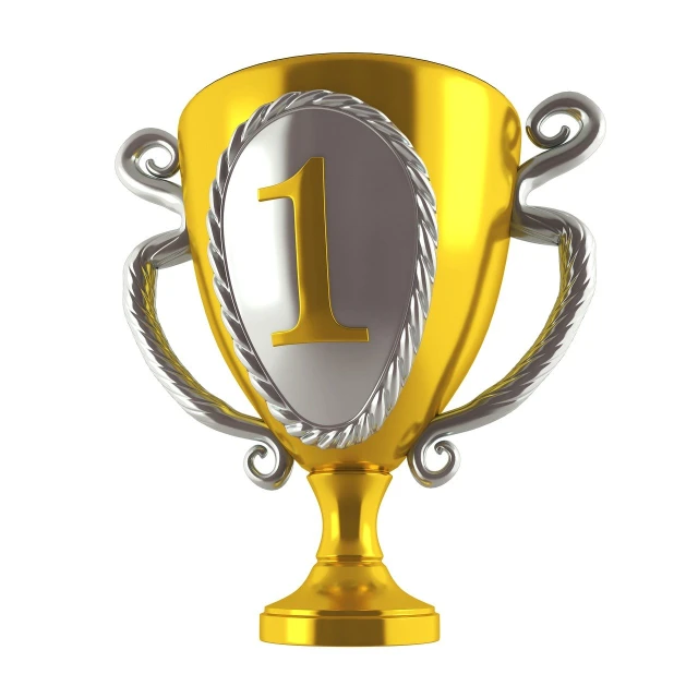 a golden trophy with the number one on it, a digital rendering, silverplate, istockphoto, isolated on white background, silver and yellow color scheme