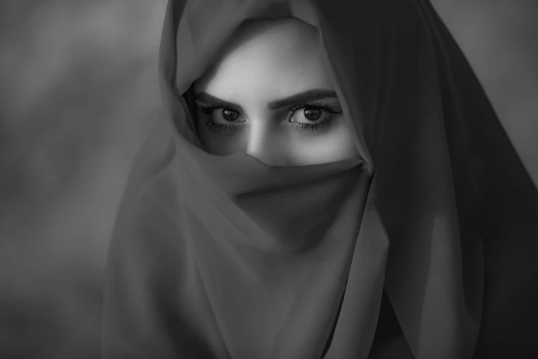 a woman with a veil covering her face, a black and white photo, inspired by irakli nadar, shutterstock, beautifull lovely eyes, arab ameera al taweel, handsome girl, portrait shot 8 k