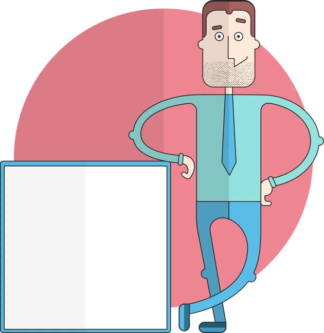 a cartoon man standing next to a blank board, a cartoon, digital art, a round minimalist behind, stylised flat colors, business surrounding, detailed screenshot