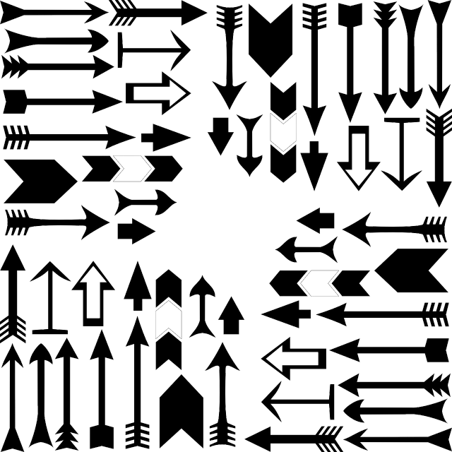 a collection of black and white arrows, vector art, by Whitney Sherman, fine art, template sheet, lots of weapon, 64x64, flat vector art