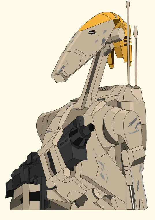 a close up of a robot with a gun, vector art, inspired by Ralph McQuarrie, sand color, robotic anthro dolphin, traditional animation, mandalorian armor