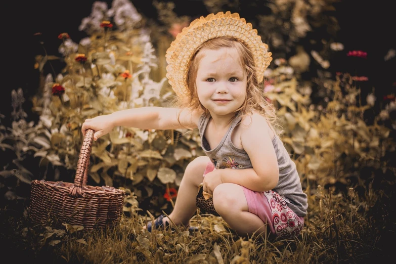 a little girl sitting in the grass with a basket, a colorized photo, art photography, high detail portrait photo, with hat, with a garden, photo taken with nikon d 7 5 0