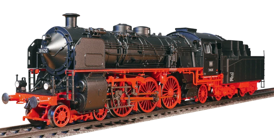 a close up of a train on a train track, a digital rendering, by Jürg Kreienbühl, zbrush central, black steel with red trim, highly detailed-h 704, ho scale, steam engine