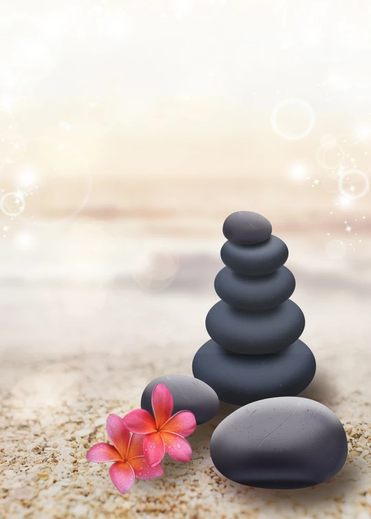 a pile of stones sitting on top of a sandy beach, an illustration of, minimalism, plumeria, enhanced photo, wide shot photo, serene illustration