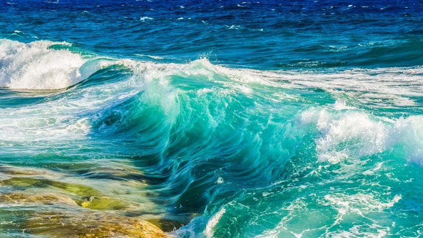 a person riding a surfboard on top of a wave, a picture, shutterstock, fine art, turquoise palette, superb detail 8 k, makes the sea area glowing water, blue and green colours