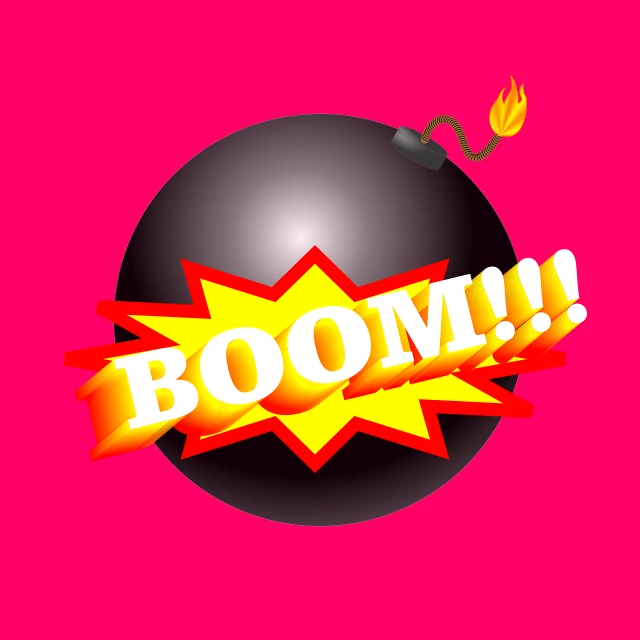a bomb with the word boom written on it, an illustration of, pop art, flash photo, big pink sphere high in the sky, gloomcore illustration, artillery explosions