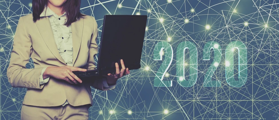 a woman in a business suit holding a laptop, trending on pixabay, computer art, the year 2089, immersed within a network, '20, decorated