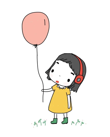 a girl in a yellow dress holding a pink balloon, figuration libre, headset, japanese animation style, hand drawn cartoon, ai yazawa