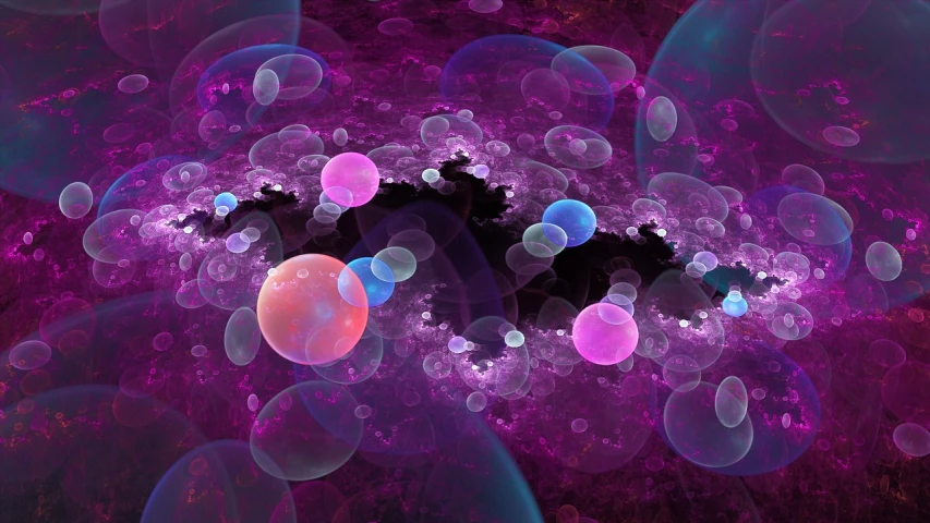 a bunch of bubbles that are floating in the air, inspired by Benoit B. Mandelbrot, digital art, purplish space in background, fractal cyborg ninja background, pink slime everywhere, mythical gigantic space cavern